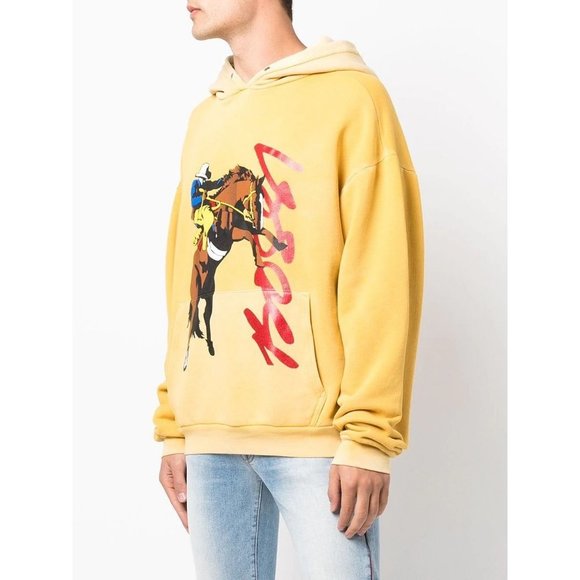 Bossi Cowboy Hoodie Mustard Western Print Oversized Mens XL Yellow Unisex Loose - Picture 4 of 14